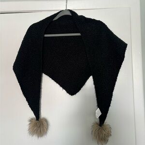 Black Knit Scarf with Fur Pom Poms